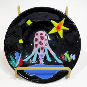 Round Fused Glass Dish "African Night" Giraffe 5.25" Artist Signed D. Herriott